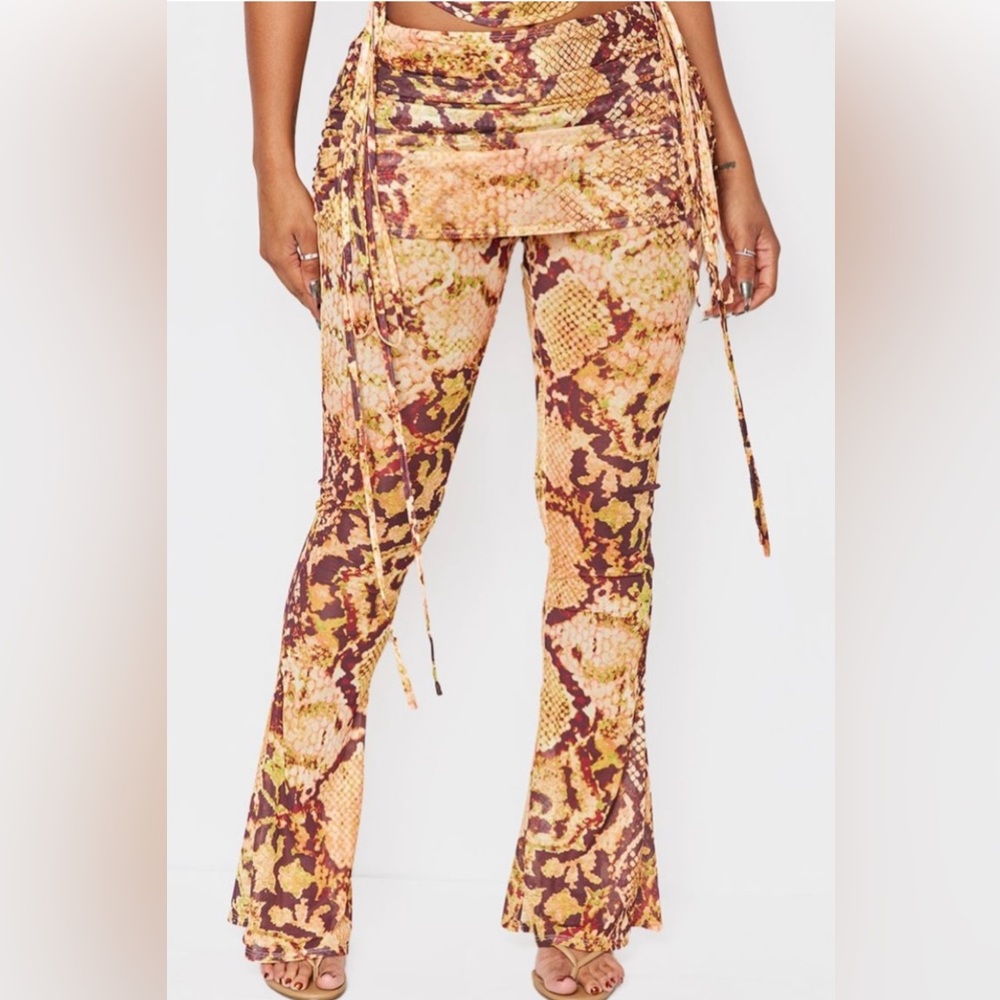 Mesh Snake print Ruched fold over flare pants Size 10 NWT